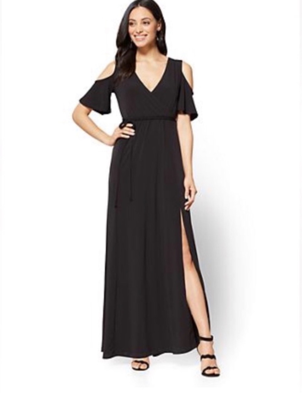 New York & Company Black Cold-Shoulder Faux Wrap Maxi Dress